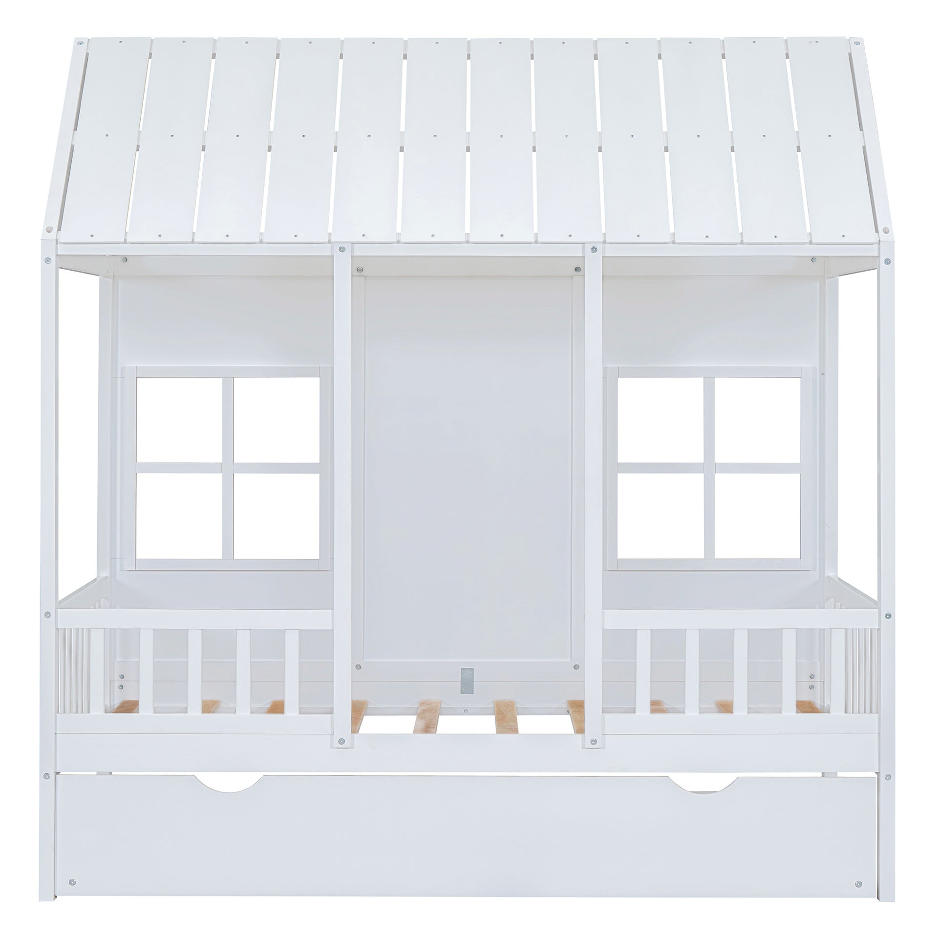 Twin Size Wood House Bed With Twin Size Trundle, Wooden Daybed, White