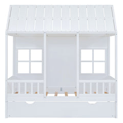 Twin Size Wood House Bed With Twin Size Trundle, Wooden Daybed, White