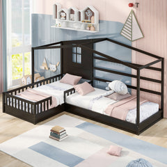 Wood House Bed Twin Size, 2 Twin Solid Bed L structure with fence and slatted frame, Espresso