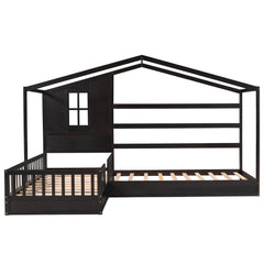 Wood House Bed Twin Size, 2 Twin Solid Bed L structure with fence and slatted frame, Espresso