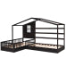 Wood House Bed Twin Size, 2 Twin Solid Bed L structure with fence and slatted frame, Espresso