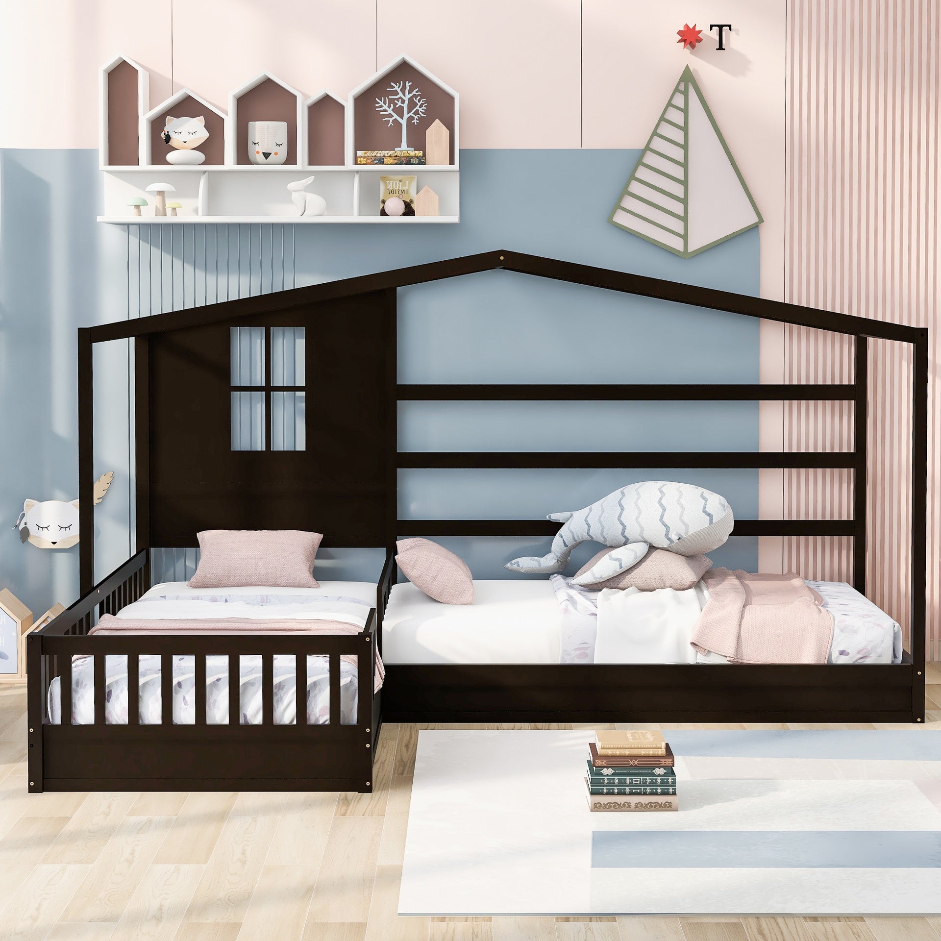 Wood House Bed Twin Size, 2 Twin Solid Bed L structure with fence and slatted frame, Espresso