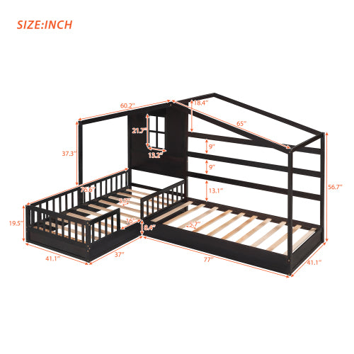 Wood House Bed Twin Size, 2 Twin Solid Bed L structure with fence and slatted frame, Espresso