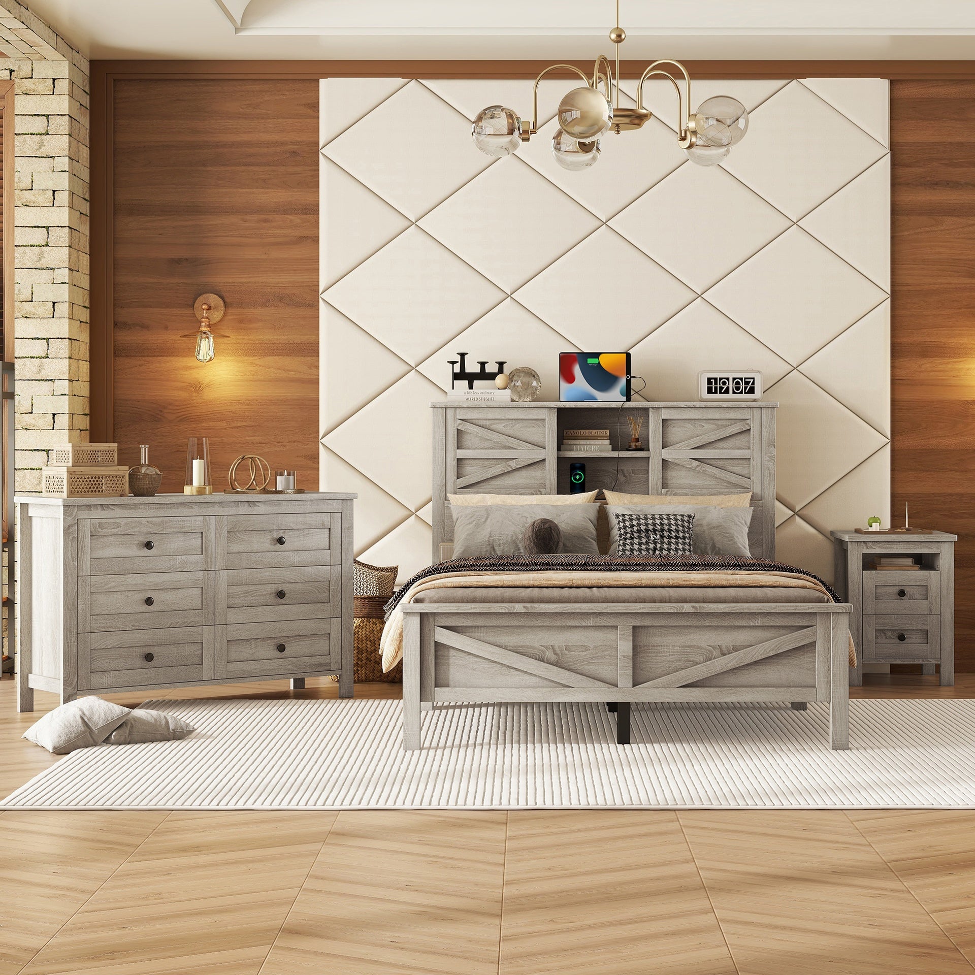 3-Pieces Bedroom Sets Full Size Farmhouse Platform Bed with Double Sliding Door Storage Headboard and Charging Station, Storage Nightstand and Dresser, Antique Gray