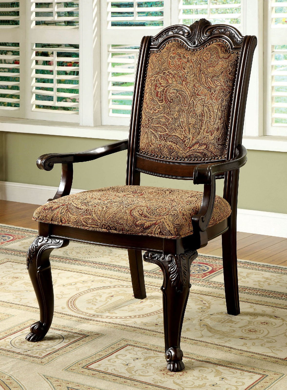 Formal Set of 2pc Arm Chairs Brown Cherry Solid wood Chair Padded Fabric Upholstered Seat Kitchen Dining Room Furniture