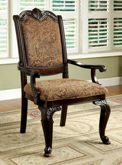 Formal Set of 2pc Arm Chairs Brown Cherry Solid wood Chair Padded Fabric Upholstered Seat Kitchen Dining Room Furniture