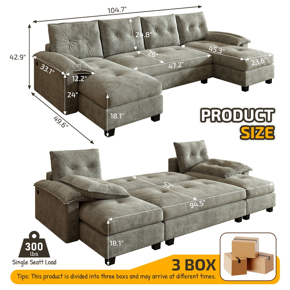 104.7" U-Shaped Sleeper Sofa with Pull Out Bed,2 in 1 Convertible Couch Bed with Removable Armrests & USB Ports,Oversized Sectional Modular with Chaise Lounge for Living Room/Apartment,Light Grey