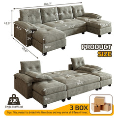 104.7" U-Shaped Sleeper Sofa with Pull Out Bed,2 in 1 Convertible Couch Bed with Removable Armrests & USB Ports,Oversized Sectional Modular with Chaise Lounge for Living Room/Apartment,Light Grey