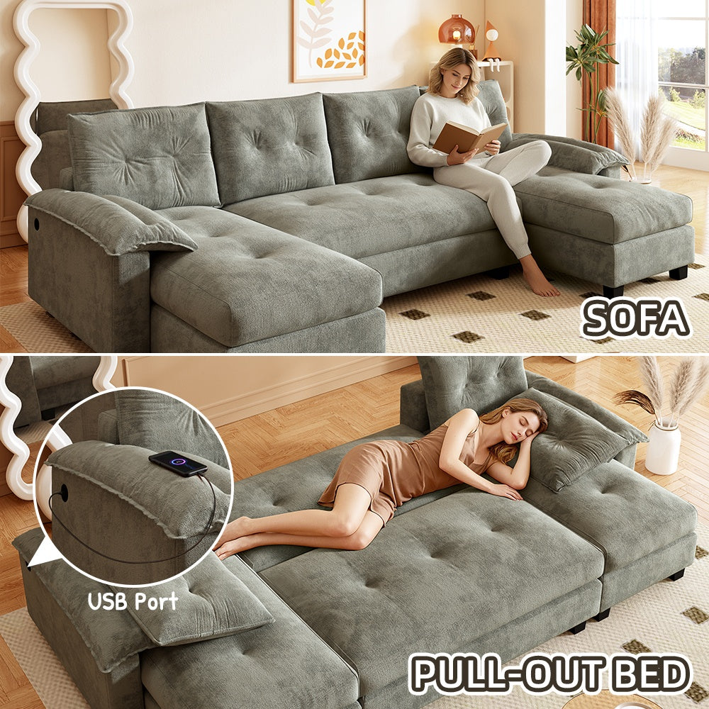 104.7" U-Shaped Sleeper Sofa with Pull Out Bed,2 in 1 Convertible Couch Bed with Removable Armrests & USB Ports,Oversized Sectional Modular with Chaise Lounge for Living Room/Apartment,Light Grey