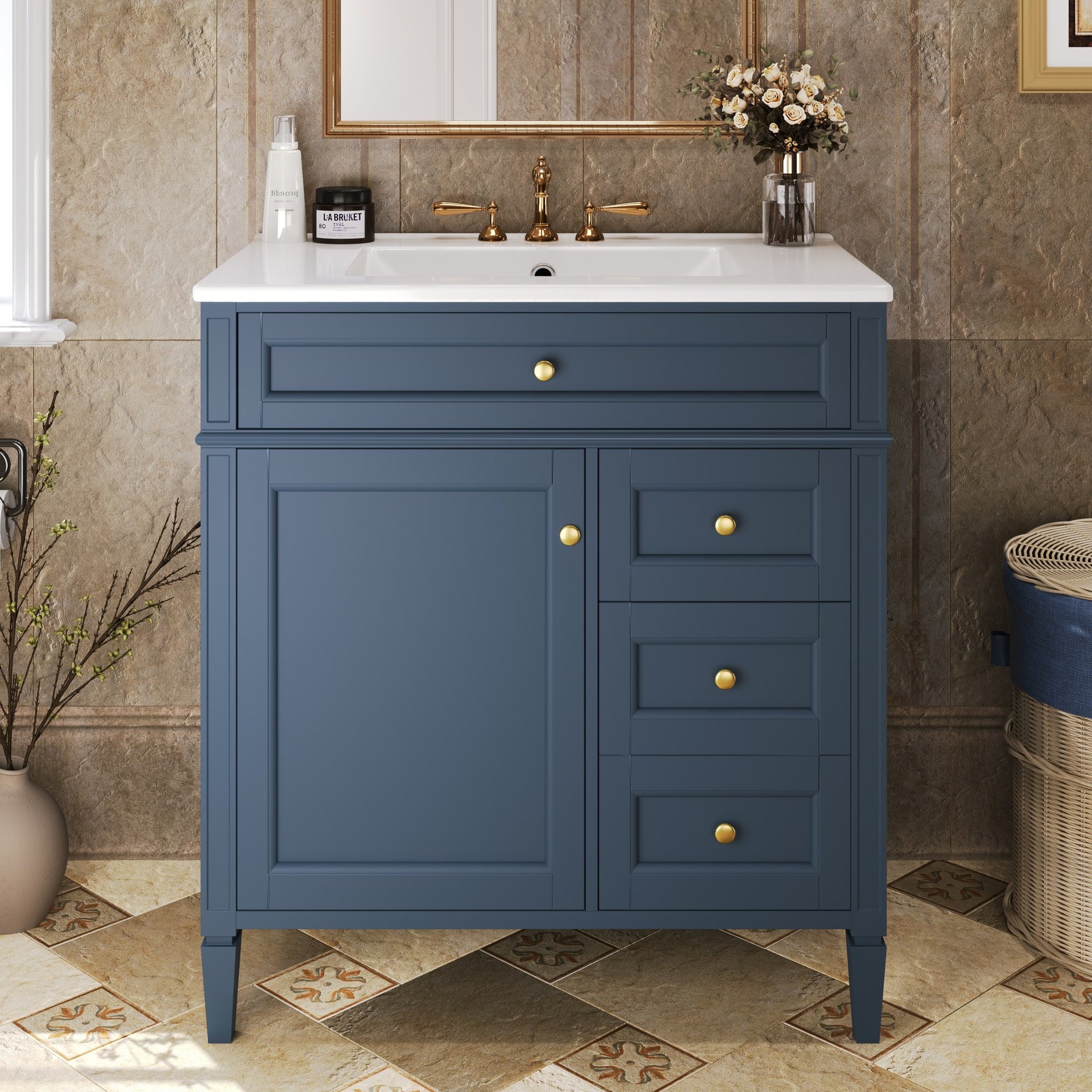 30'' Bathroom Vanity with Top Sink, Modern Bathroom Storage Cabinet with 2 Drawers and a Tip-out Drawer, Single Sink Bathroom Vanity