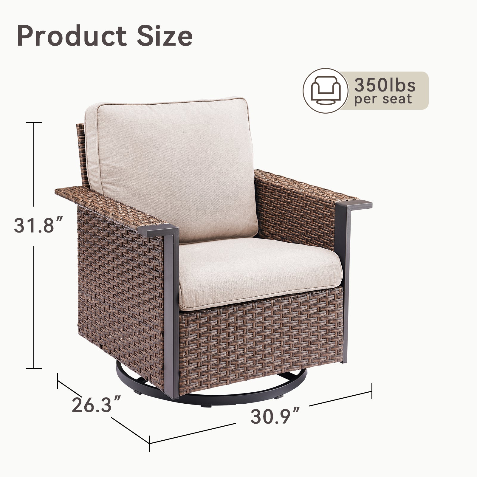 Outdoor Swivel Rocking Brown Wicker Chairs Set of 2, Wide Armrest Patio Glider Chairs with Beige Cushions for Porch or Deck