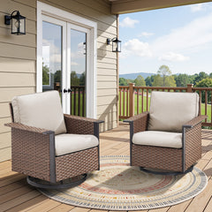 Outdoor Swivel Rocking Brown Wicker Chairs Set of 2, Wide Armrest Patio Glider Chairs with Beige Cushions for Porch or Deck