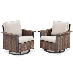 Outdoor Swivel Rocking Brown Wicker Chairs Set of 2, Wide Armrest Patio Glider Chairs with Beige Cushions for Porch or Deck