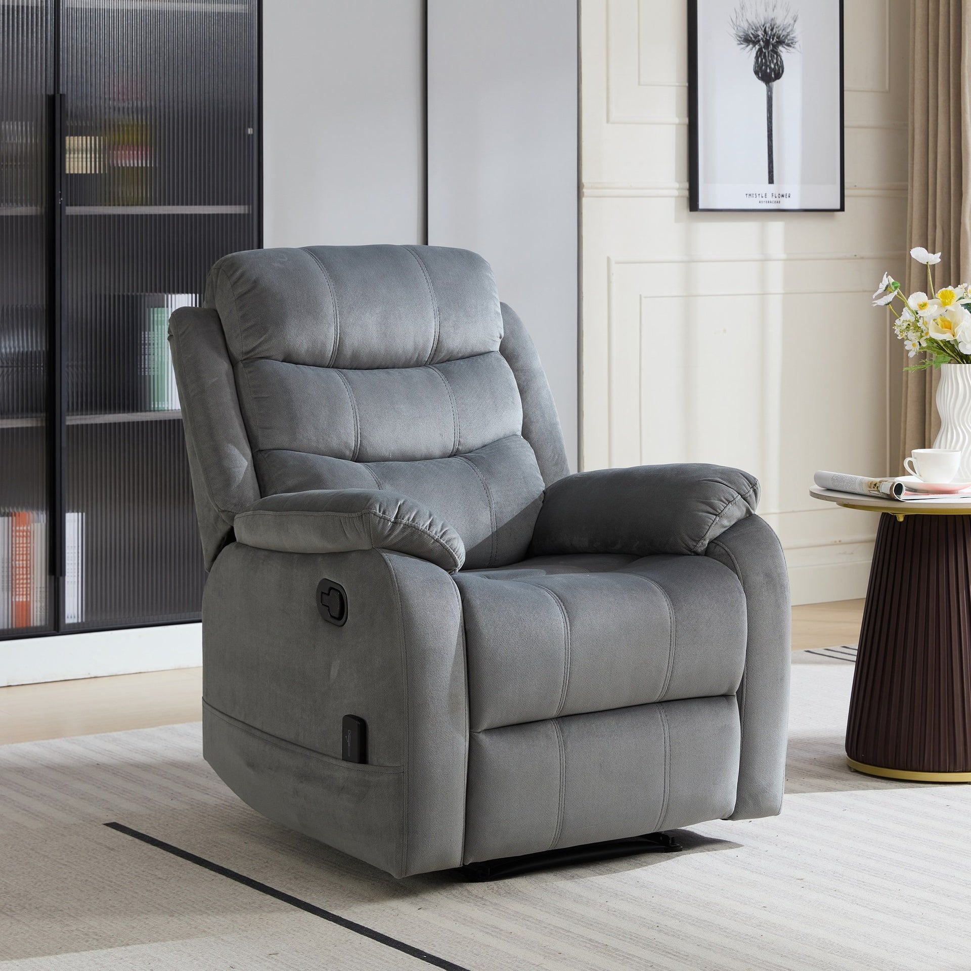 Steph Plush Contemporary Fabric Upholstered Manual Recliner Chair with Lower Lumbar Massage