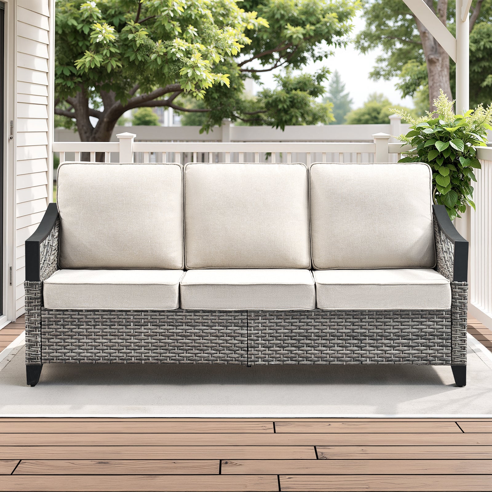 73.4" Wide Outdoor Wicker Sofa,  Patio Outdoor Couch with Beige Cushions for Porch Garden