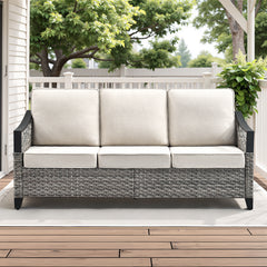 73.4" Wide Outdoor Wicker Sofa,  Patio Outdoor Couch with Beige Cushions for Porch Garden