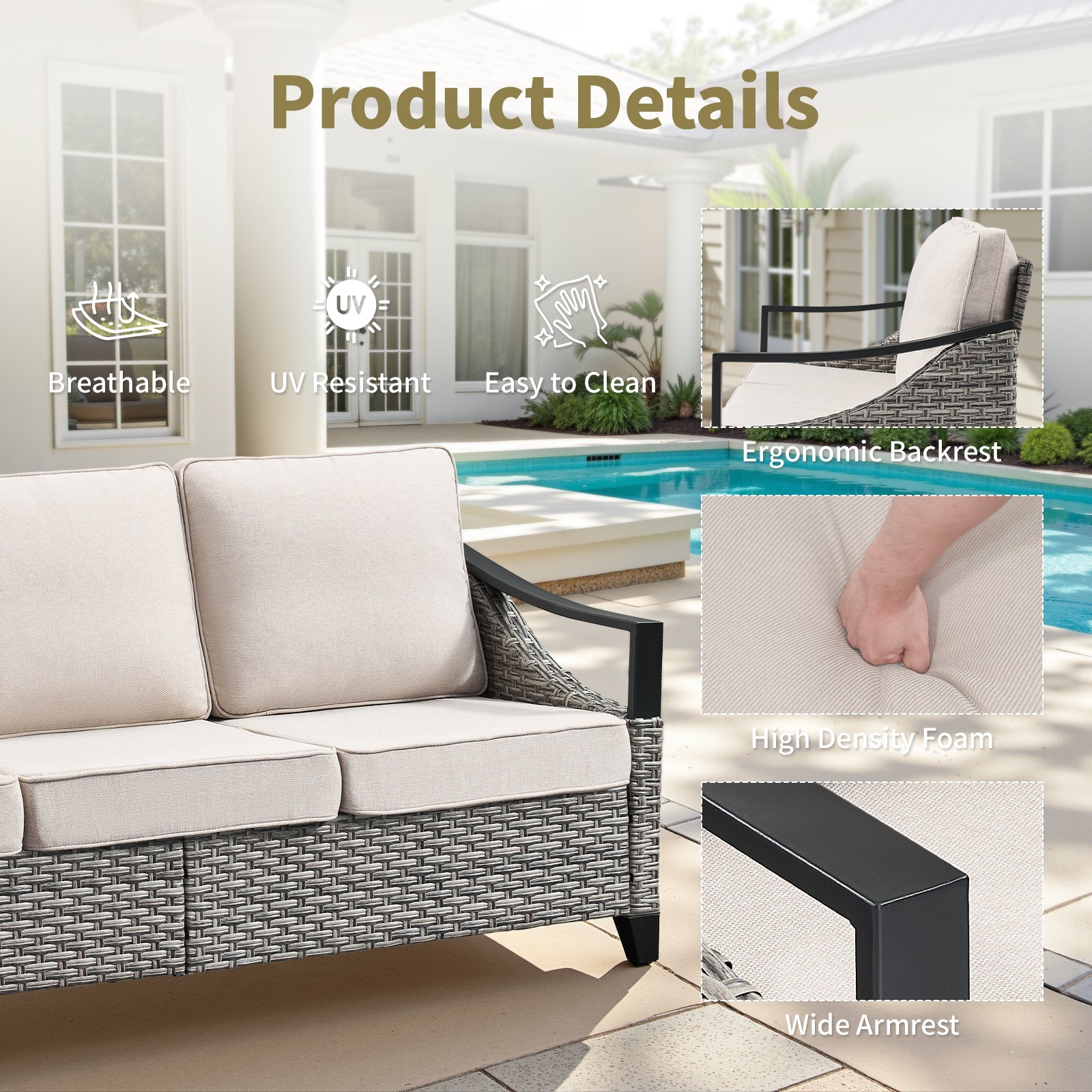 73.4" Wide Outdoor Wicker Sofa,  Patio Outdoor Couch with Beige Cushions for Porch Garden
