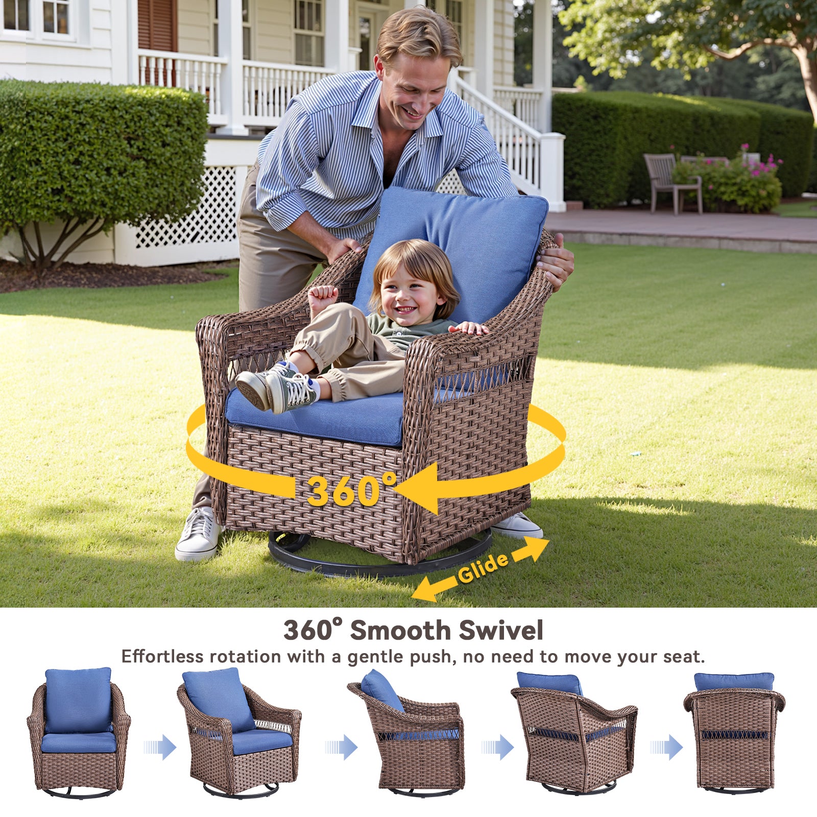 Outdoor Swivel Rocking Wicker Chairs Set of 2, PE Rattan Patio Glider Chairs with Blue Cushions for Porch or Backyard