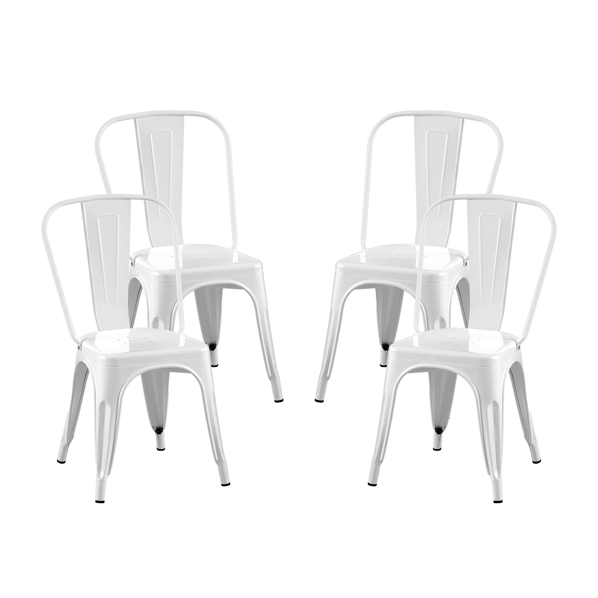 Set of 4 High Gloss White Industrial Metal Dining Chairs 18 Inch Seat Height Stackable Indoor Outdoor, Lightweight Easy-Clean Surface, Easy Assembly, Durable Modern Design, For Kitchen Cafe Bar