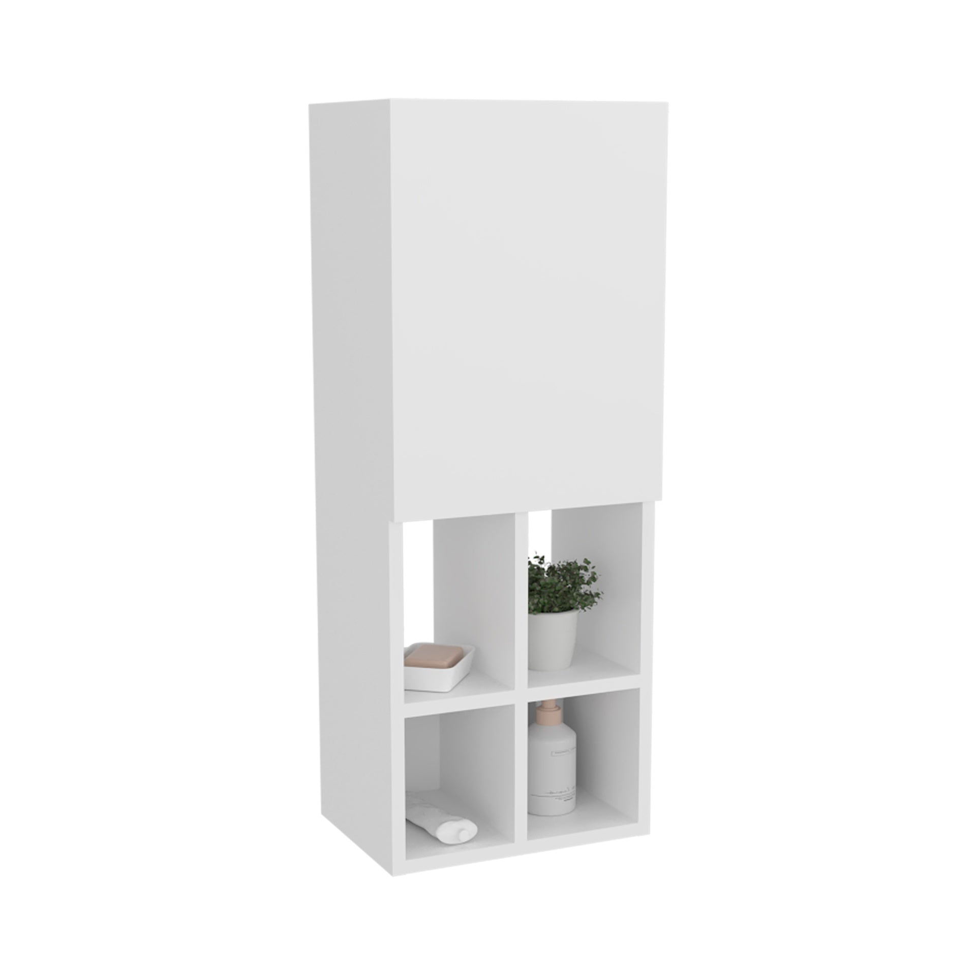 Wall-Mounted Bathroom Cabinet with Door and 4 Open Shelves, White Finish.