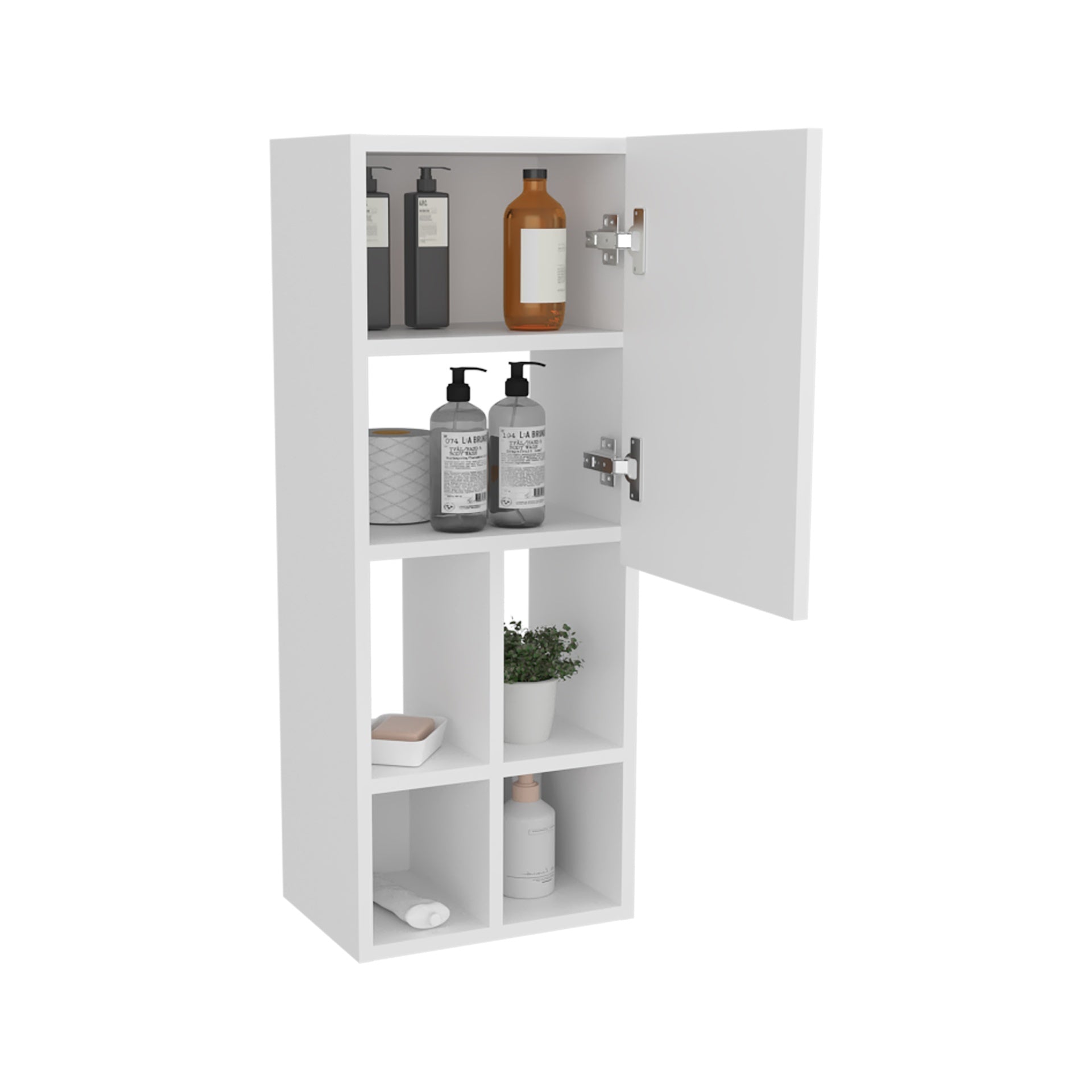 Wall-Mounted Bathroom Cabinet with Door and 4 Open Shelves, White Finish.