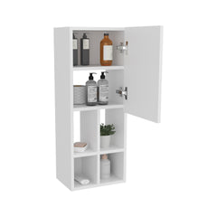 Wall-Mounted Bathroom Cabinet with Door and 4 Open Shelves, White Finish.