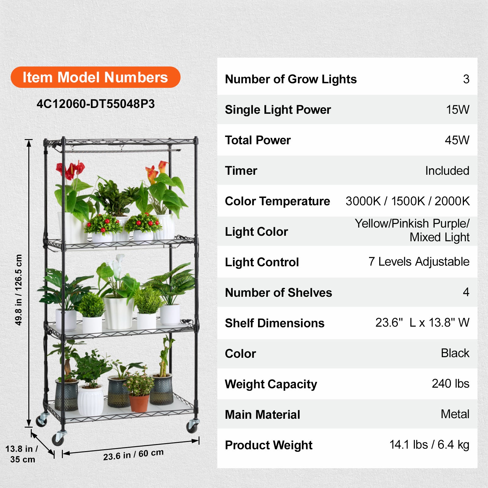 Plant Stand with Grow Light, 4-Tier Plant Shelf with 45W Full Spectrum Grow Light, 3 Mode Plant Light with Timer and Wheel for Seed Starting, Metal Grow Light Shelf for Indoor Plants
