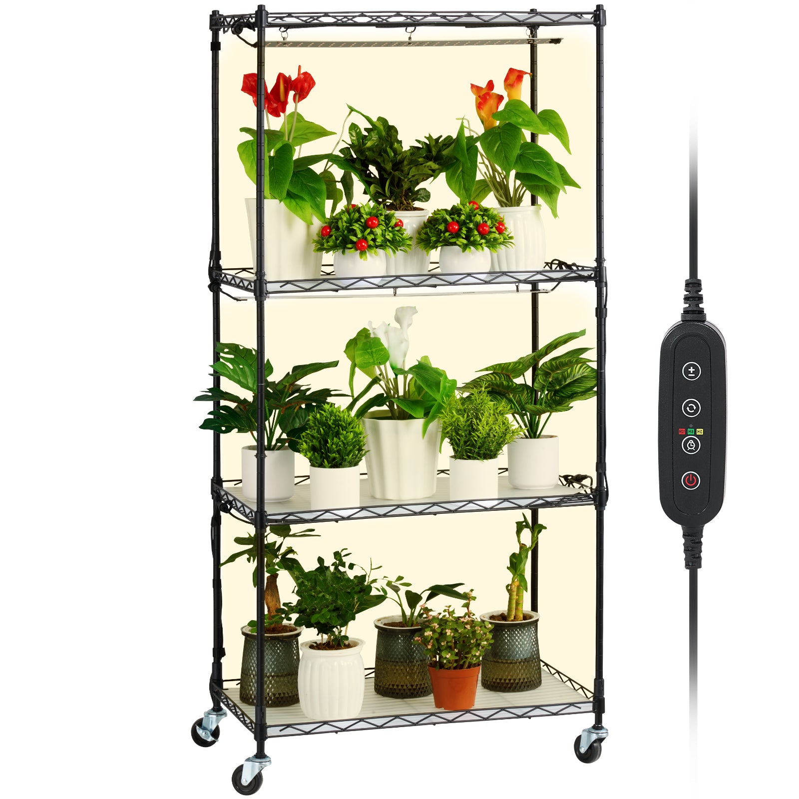 Plant Stand with Grow Light, 4-Tier Plant Shelf with 45W Full Spectrum Grow Light, 3 Mode Plant Light with Timer and Wheel for Seed Starting, Metal Grow Light Shelf for Indoor Plants