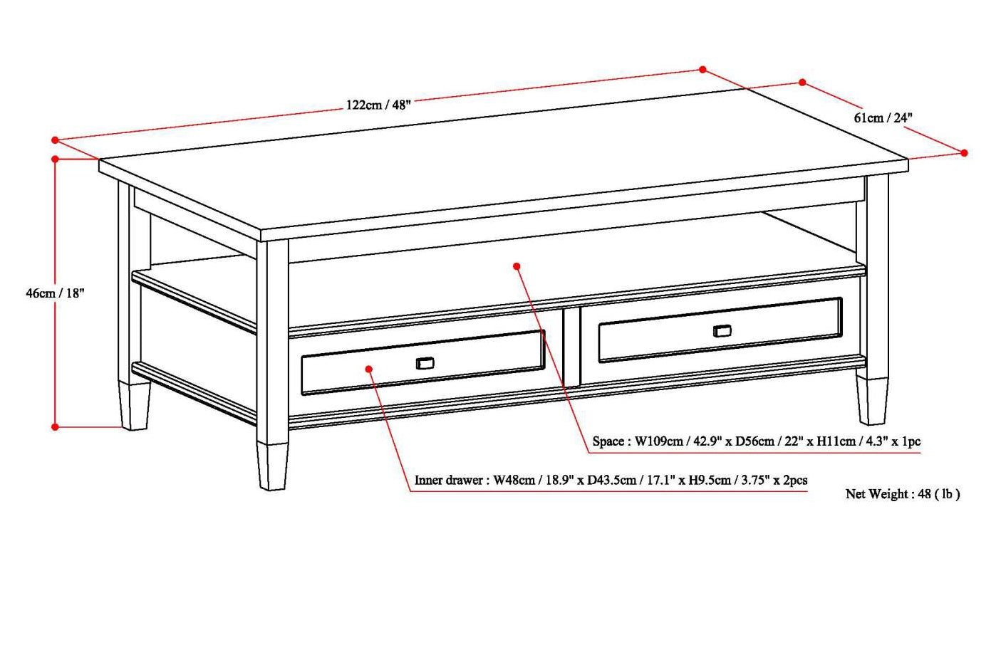 Warm Shaker Solid Wood 48 inch Wide Transitional Coffee Table in Light Golden Brown