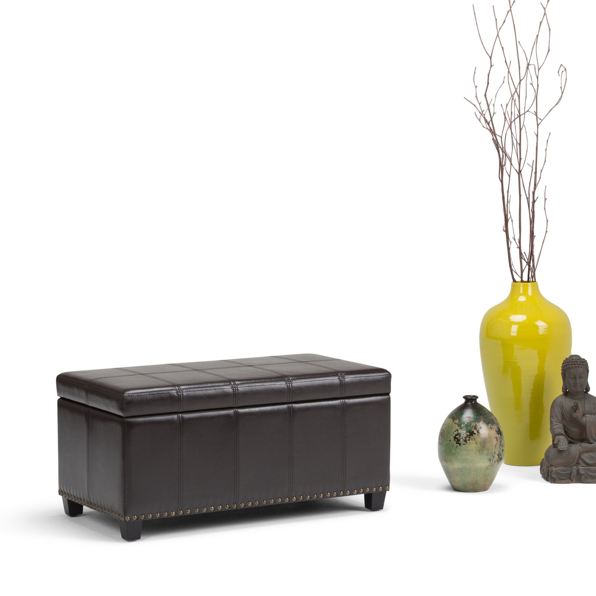 Amelia 33 inch Wide Storage Ottoman Bench in Tanners Brown Vegan Leather