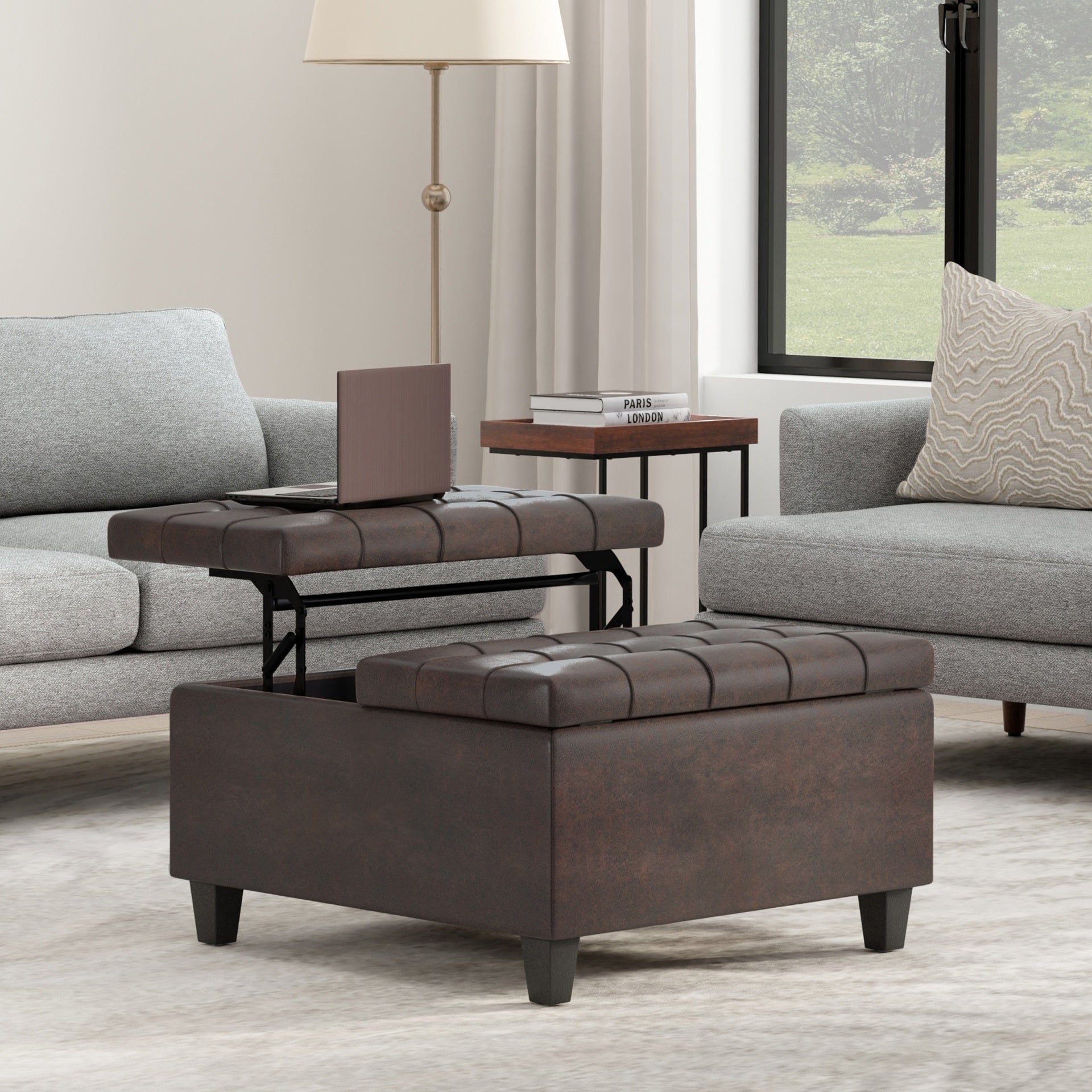 Harrison 30 inch Wide Small Square Coffee Table Storage Ottoman in Distressed Brown Vegan Leather