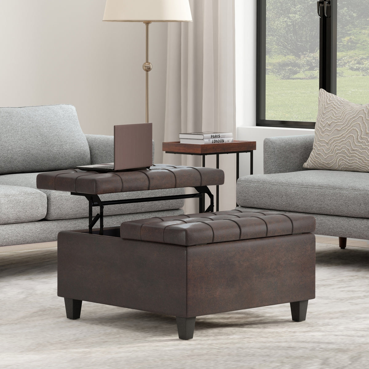 Harrison 30 inch Wide Small Square Coffee Table Storage Ottoman in Distressed Brown Vegan Leather