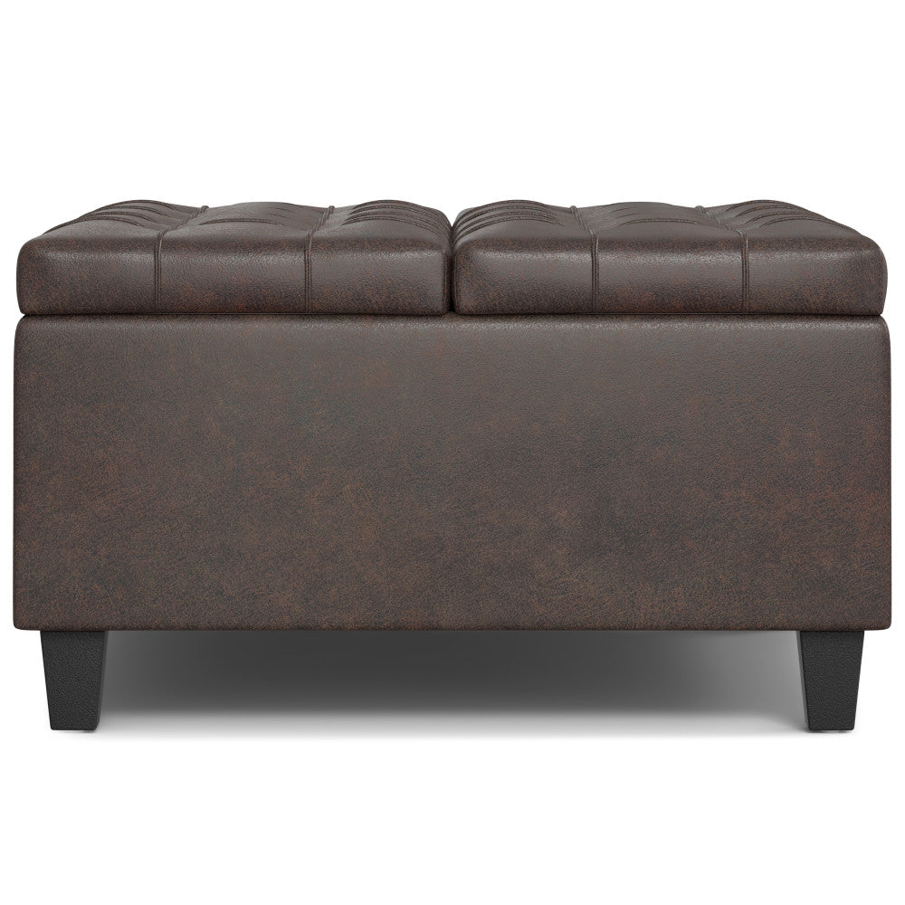 Harrison 30 inch Wide Small Square Coffee Table Storage Ottoman in Distressed Brown Vegan Leather