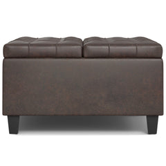 Harrison 30 inch Wide Small Square Coffee Table Storage Ottoman in Distressed Brown Vegan Leather