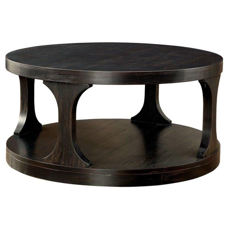 Transitional Style Antique Black Finish Bold Round Structure 1pc Coffee Table With Extra Storage Shelf I Designed Legs End Table-Not Included
