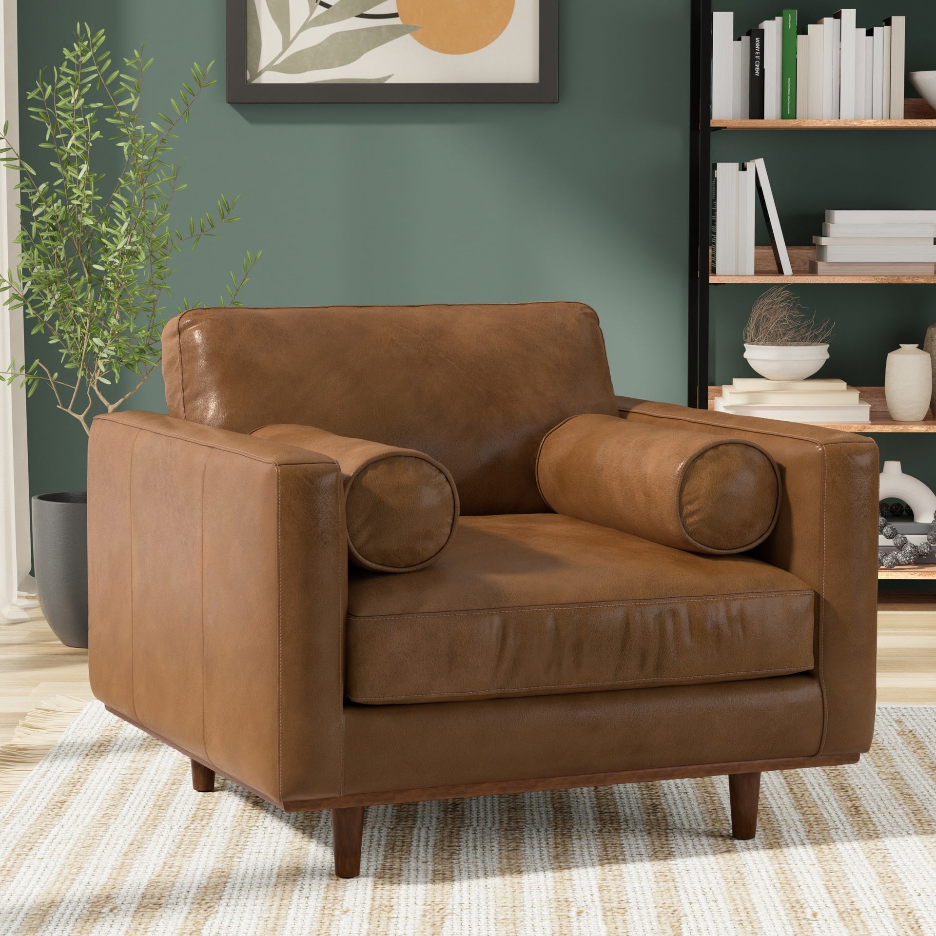 Morrison 42 inch Wide Mid-Century Modern Arm Chair in Caramel Brown Genuine Leather