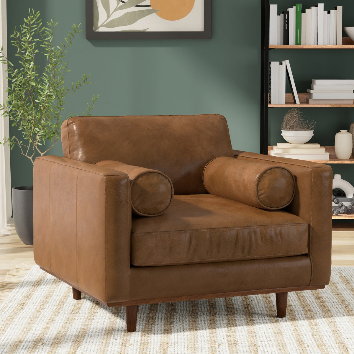Morrison 42 inch Wide Mid-Century Modern Arm Chair in Caramel Brown Genuine Leather