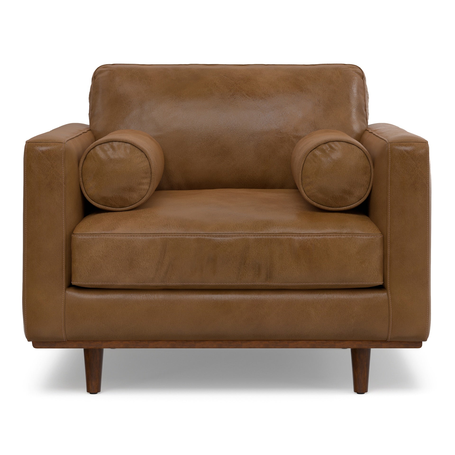 Morrison 42 inch Wide Mid-Century Modern Arm Chair in Caramel Brown Genuine Leather