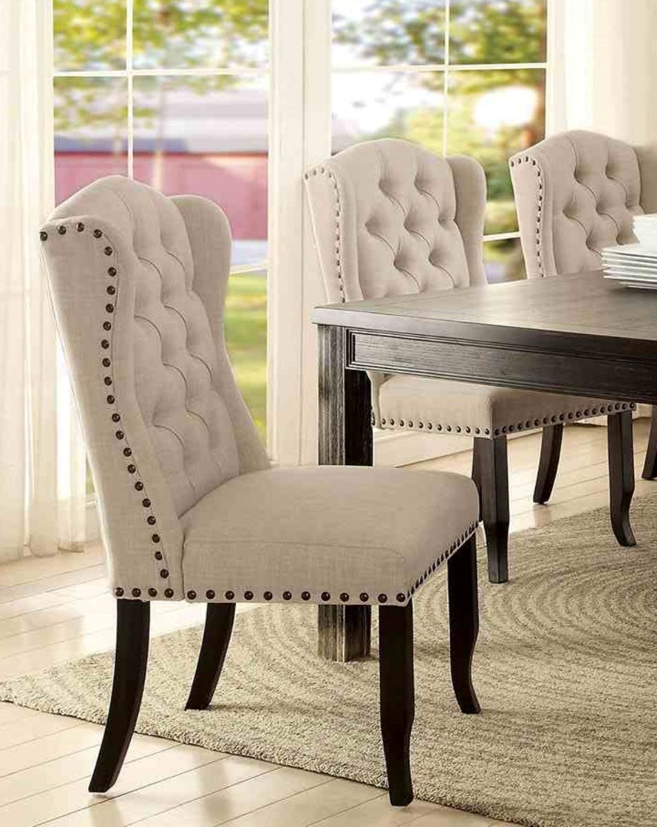 Rustic Style 2pc Side Chair Button Tufted Nailhead Trim Wingback Antique Black And Beige Finish Dining Room