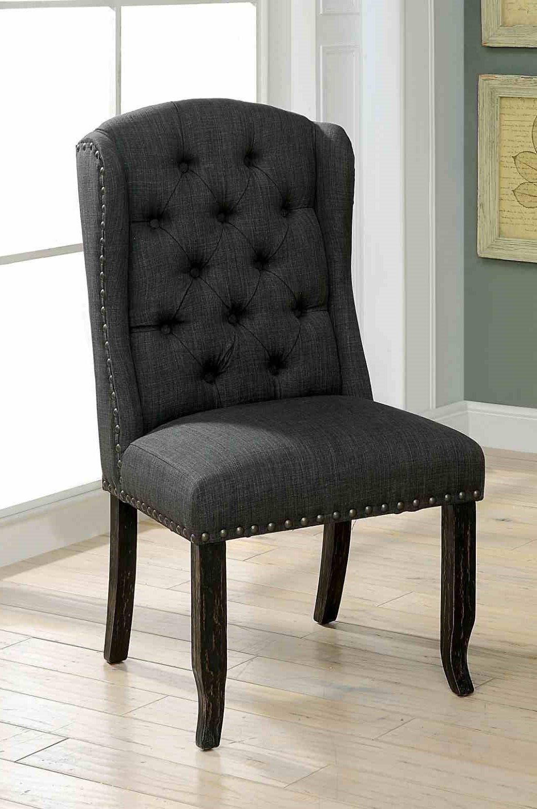 Rustic Style 2pc Side Chair Button Tufted Nailhead Trim Wing Back Antique Black And Gray Finish Dining Room