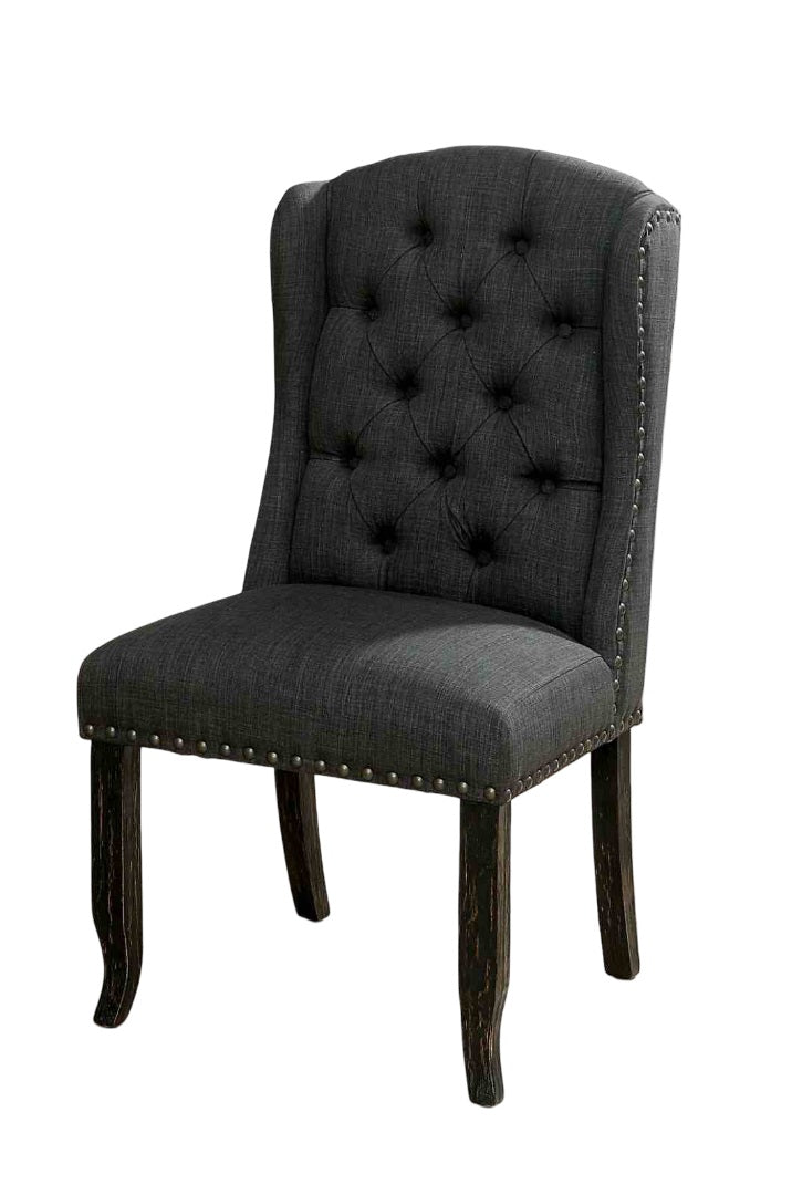 Rustic Style 2pc Side Chair Button Tufted Nailhead Trim Wing Back Antique Black And Gray Finish Dining Room