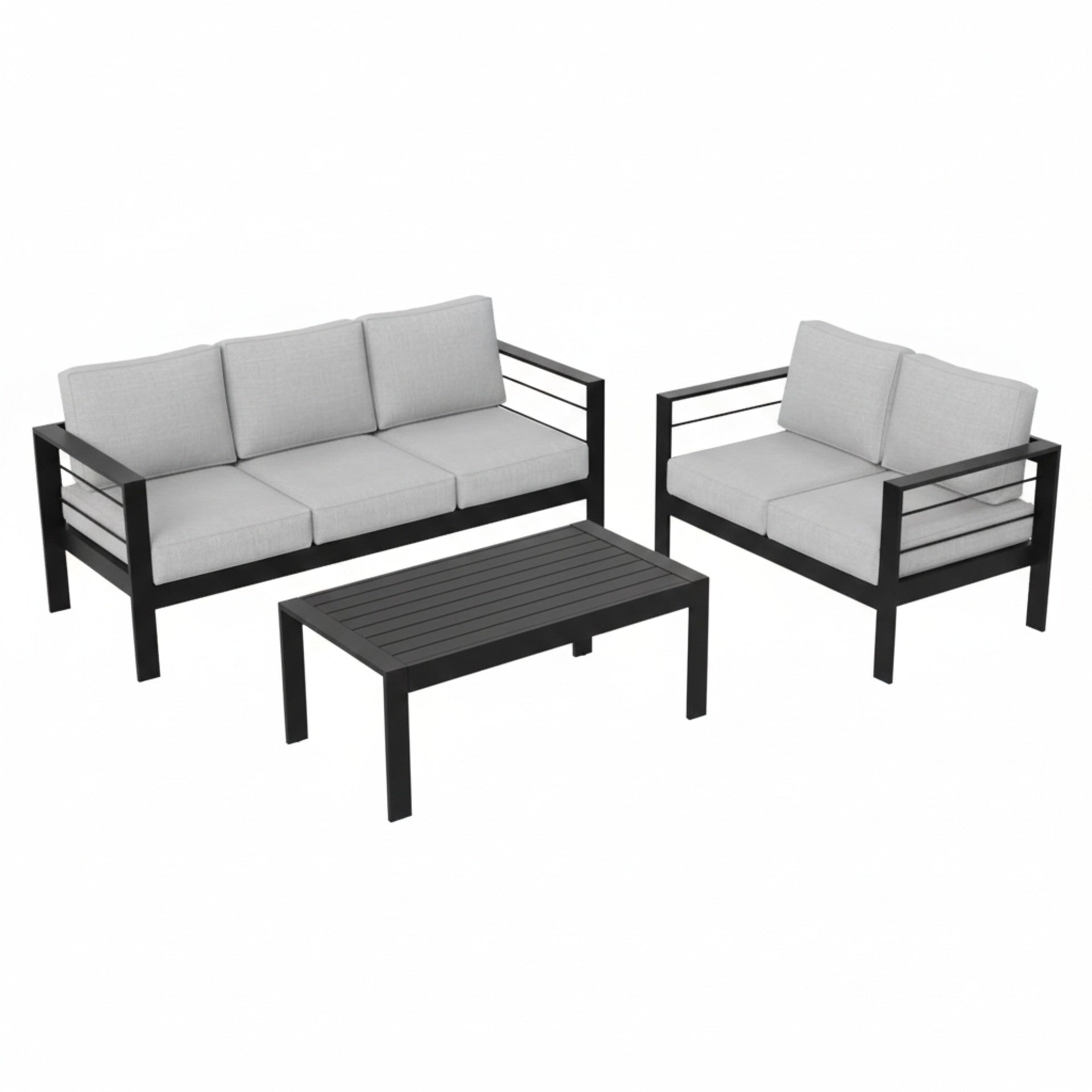 3-Piece Modern Aluminum Patio Conversation Set, 5-Seat Outdoor Sofa with  Thick Light Gray Cushions & Black Frame and Coffee Table