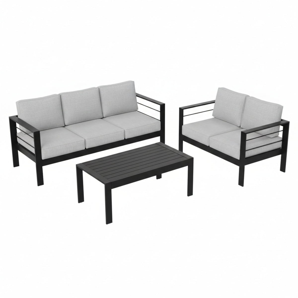 3-Piece Modern Aluminum Patio Conversation Set, 5-Seat Outdoor Sofa with  Thick Light Gray Cushions & Black Frame and Coffee Table