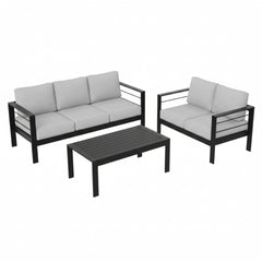3-Piece Modern Aluminum Patio Conversation Set, 5-Seat Outdoor Sofa with  Thick Light Gray Cushions & Black Frame and Coffee Table
