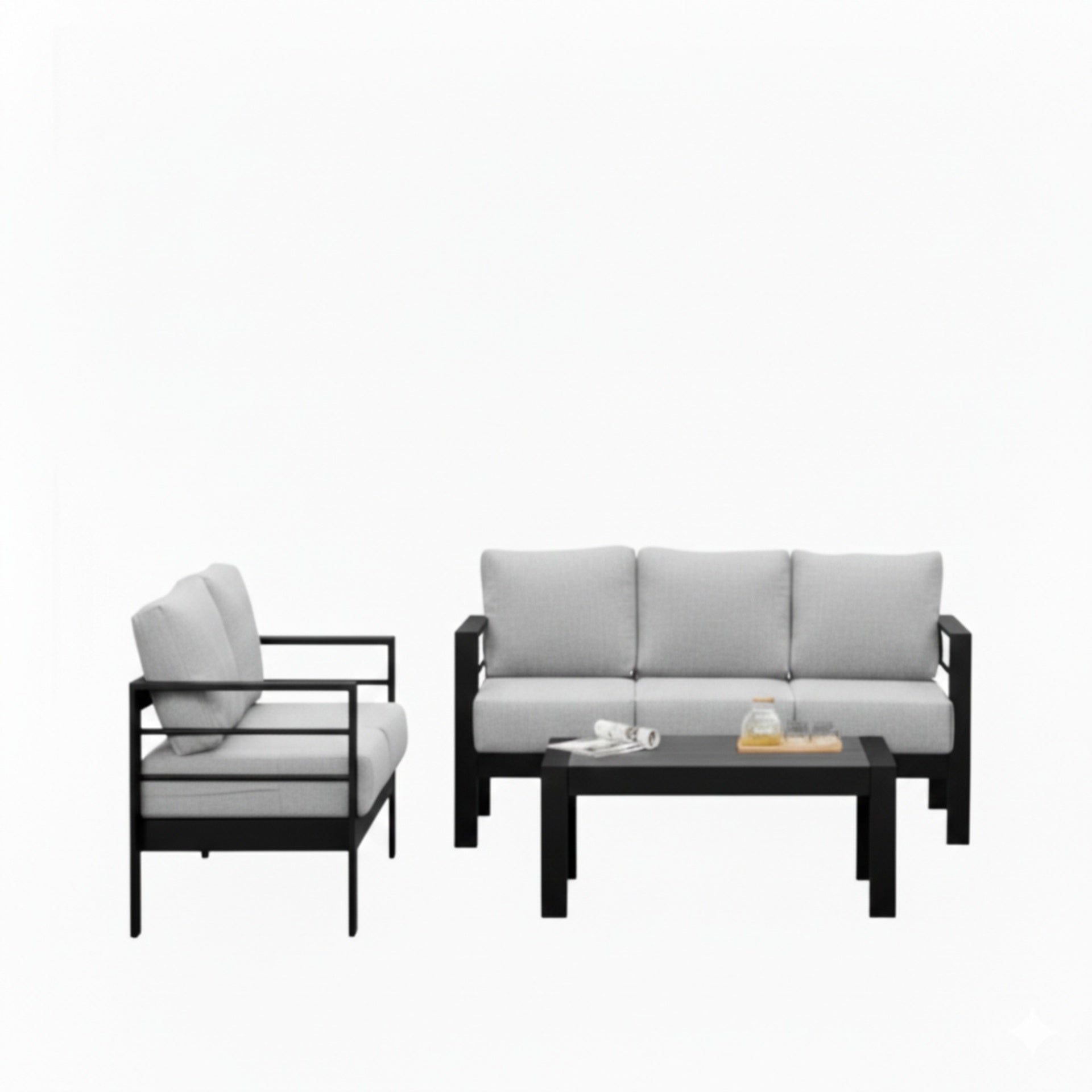 3-Piece Modern Aluminum Patio Conversation Set, 5-Seat Outdoor Sofa with  Thick Light Gray Cushions & Black Frame and Coffee Table