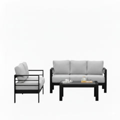 3-Piece Modern Aluminum Patio Conversation Set, 5-Seat Outdoor Sofa with  Thick Light Gray Cushions & Black Frame and Coffee Table