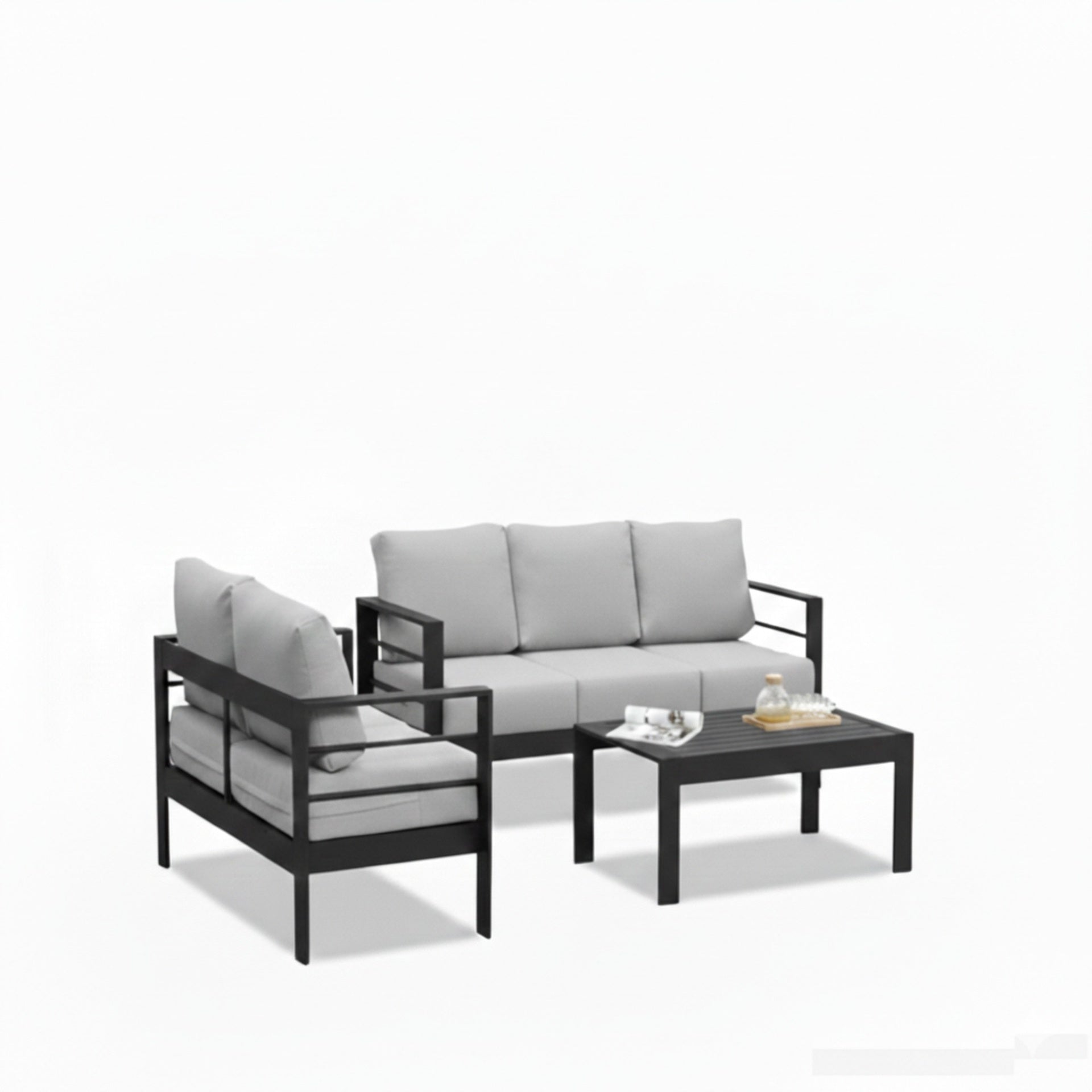 3-Piece Modern Aluminum Patio Conversation Set, 5-Seat Outdoor Sofa with  Thick Light Gray Cushions & Black Frame and Coffee Table