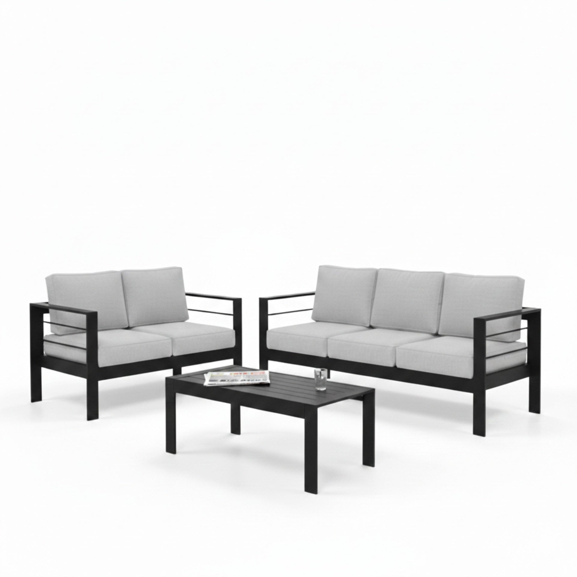 3-Piece Modern Aluminum Patio Conversation Set, 5-Seat Outdoor Sofa with  Thick Light Gray Cushions & Black Frame and Coffee Table