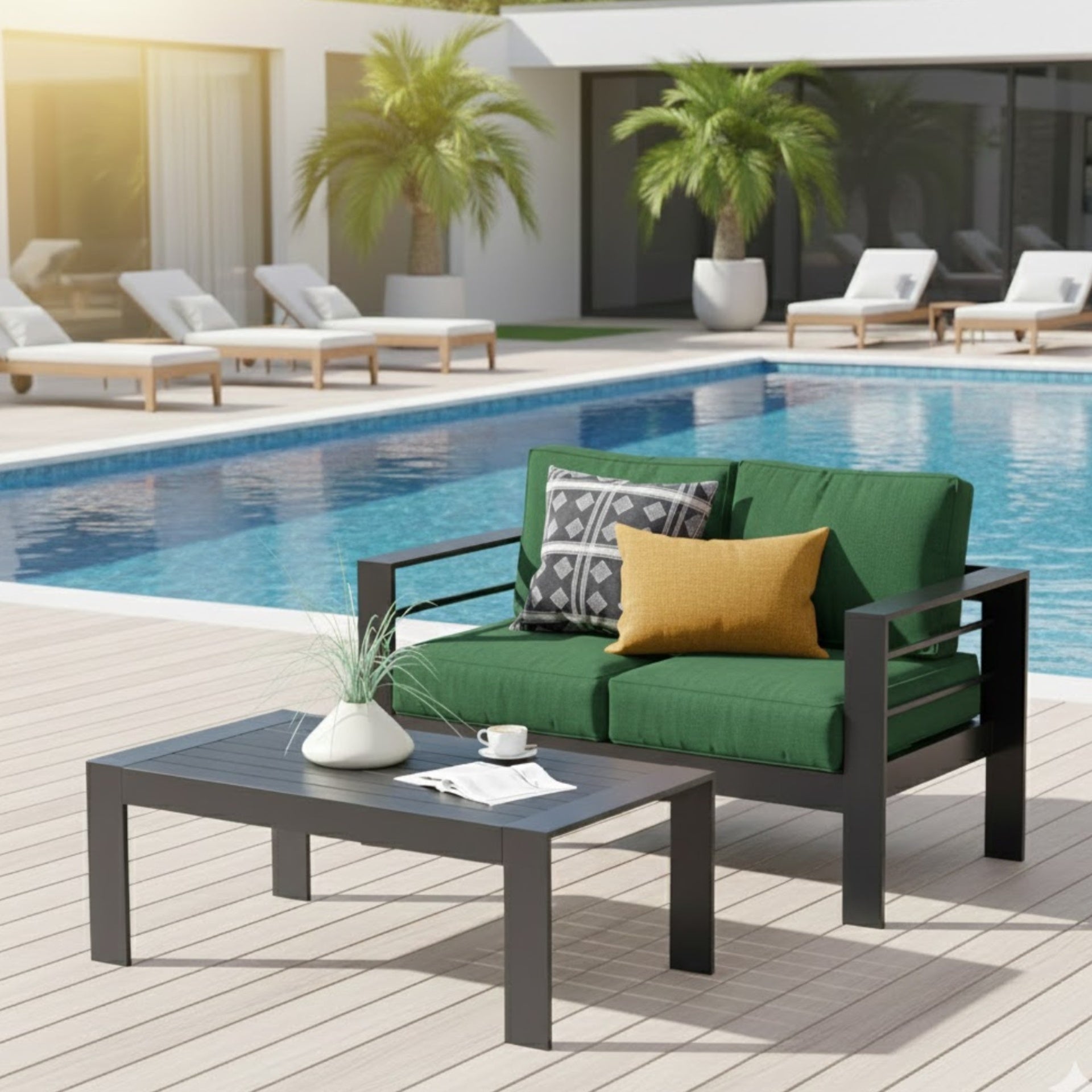 43" All-Weather Aluminum Patio Coffee Table, Modern Black Rectangle Outdoor Table