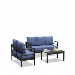 3-Piece Modern Aluminum Patio Conversation Set, 5-Seat Outdoor Sofa with  Thick Blue Cushions & Black Frame and Coffee Table